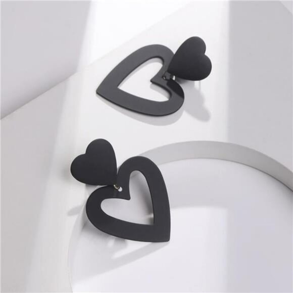 Black Double Heart Dangle Earrings Love Drop Earrings for Women Valentines Gift - Picture 5 of 7